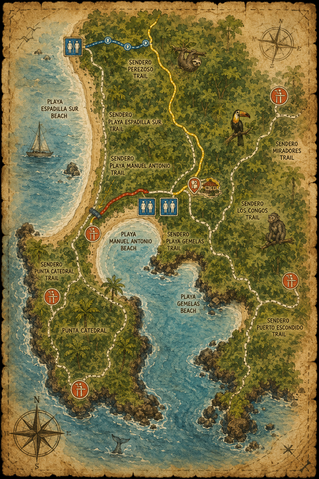 Illustrated trail map of Manuel Antonio National Park showing beaches, trails, and wildlife
