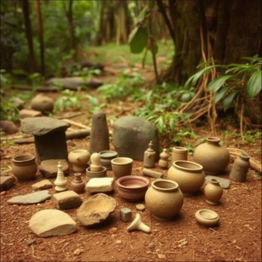 Pre-Columbian indigenous pottery and stone artifacts in the jungle