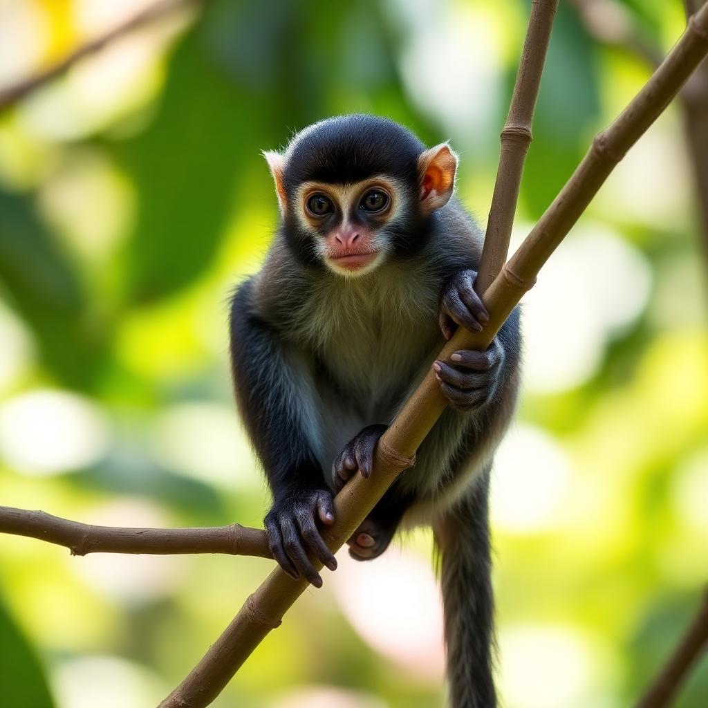 A Central American squirrel monkey perched in rainforest branches