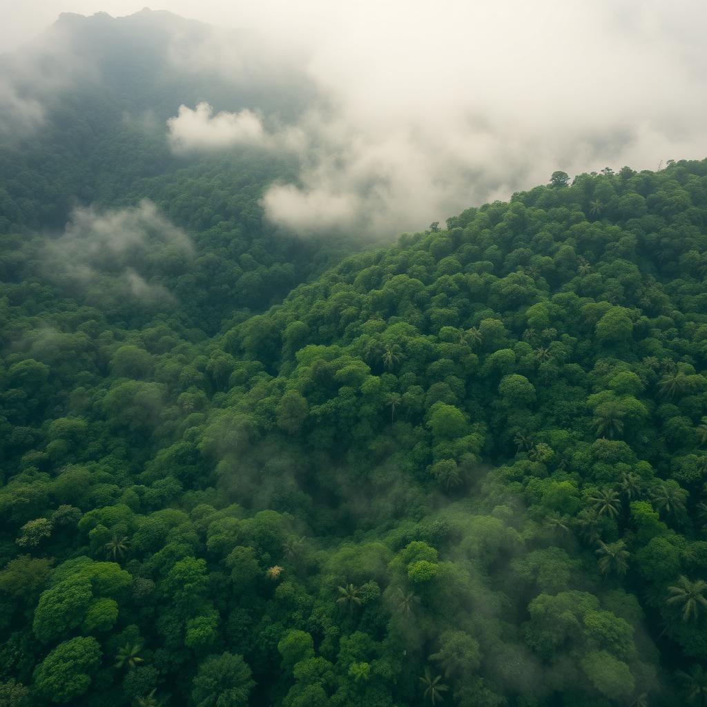 Aerial view of misty Costa Rican rainforest canopy