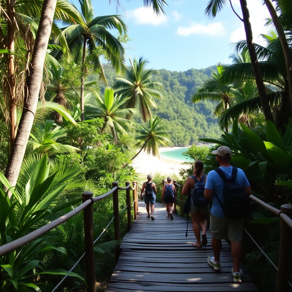 Tourists walking a wooden jungle trail toward the beach